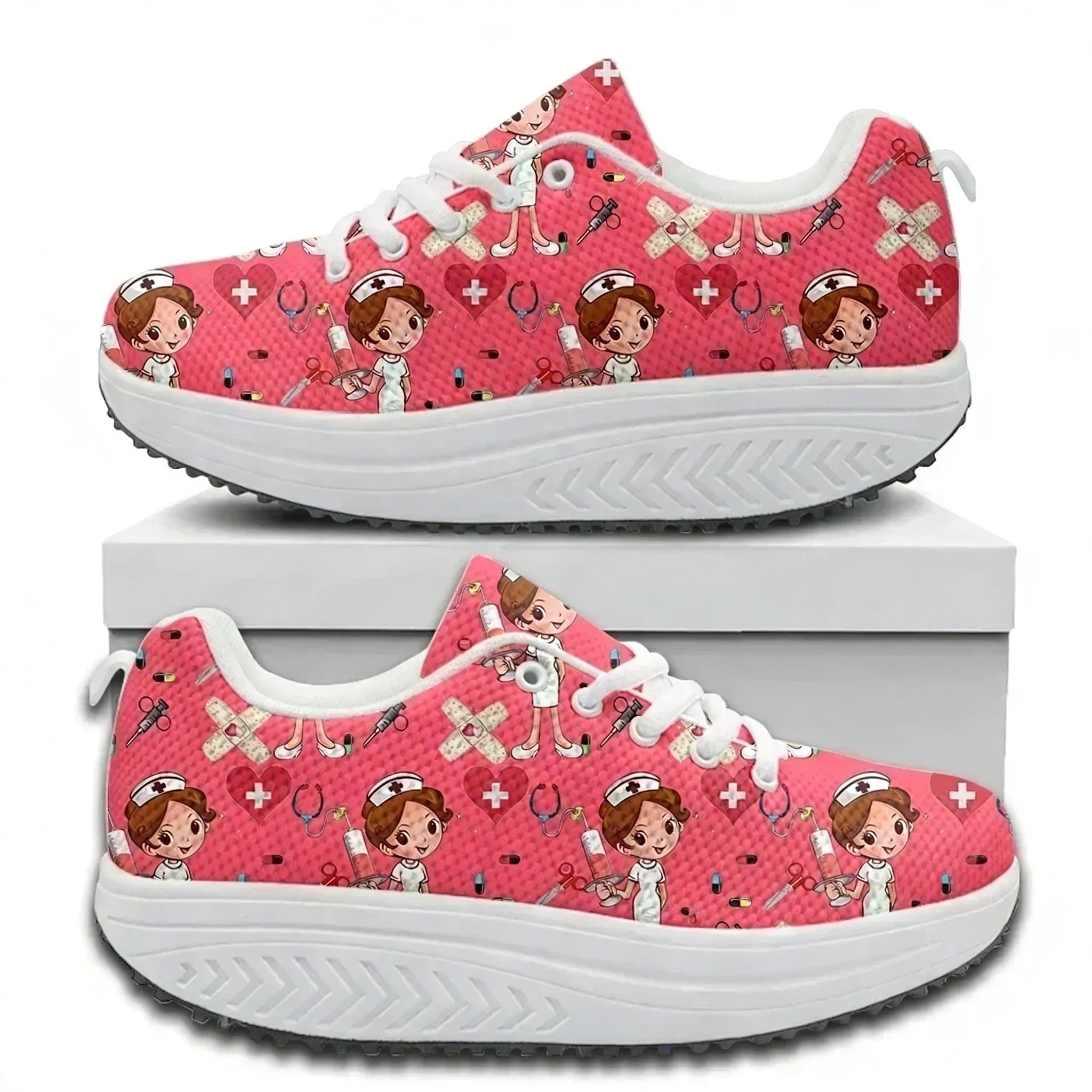 Sneaker Care - รองเท้าผ้าใบแบบผูกเชือก พื้นหนา ลายพยาบาล สำหรับใส่ทำงานหรือลำลอง กันลื่น เสริมสร้างกล้ามเนื้อเท้า